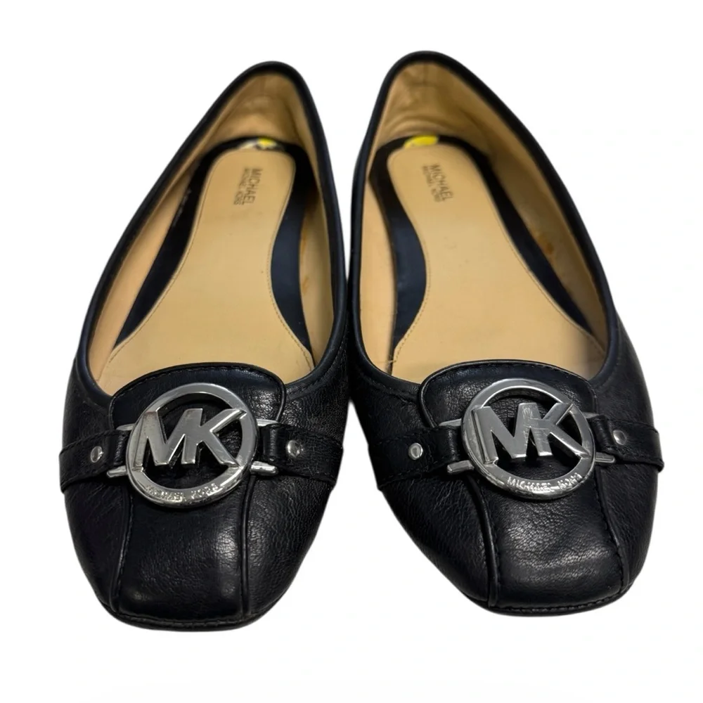 Michael Kors Black Leather Flats with Silver Logo Accent Size 9M